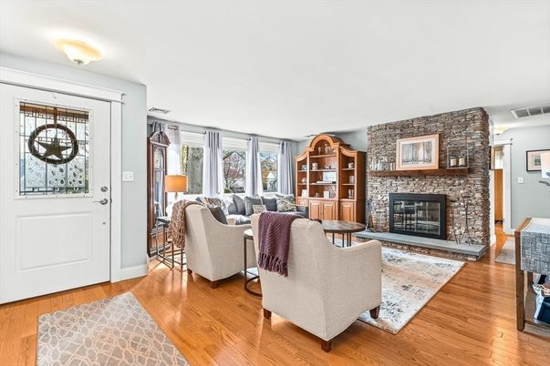 Fireplace, Interior, Living room, Stone Walls, Wood Texture Flooring