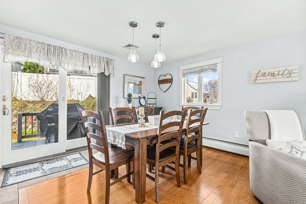 Dining room, Interior, Pendant Lights, Wood Texture Flooring