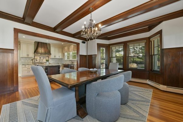 Chandelier, Dining room, Interior, Kitchen, Recessed Lighting, Stainless Steel Appliances, Wooden Beams, Wood Texture Flooring