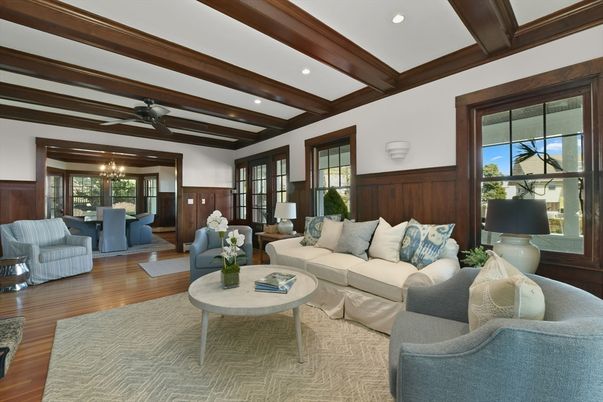 Dining room, Interior, Living room, Recessed Lighting, Wooden Beams, Wood Texture Flooring