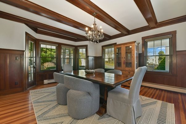 Chandelier, Dining room, Interior, Wooden Beams, Wood Texture Flooring