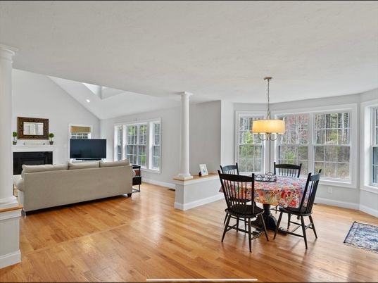 Dining room, Fireplace, Interior, Living room, Pendant Lights, Recessed Lighting, Wood Texture Flooring