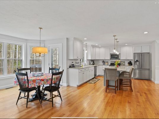 Dining room, Interior, Kitchen, Pendant Lights, Recessed Lighting, Stainless Steel Appliances, Wood Texture Flooring