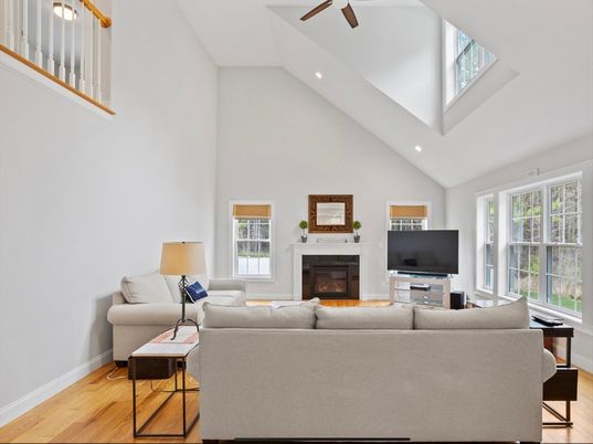 Fireplace, Interior, Living room, Recessed Lighting, Wood Texture Flooring
