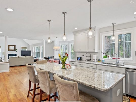 Dining room, Fireplace, Interior, Kitchen, Living room, Pendant Lights, Recessed Lighting, Stainless Steel Appliances, Wood Texture Flooring