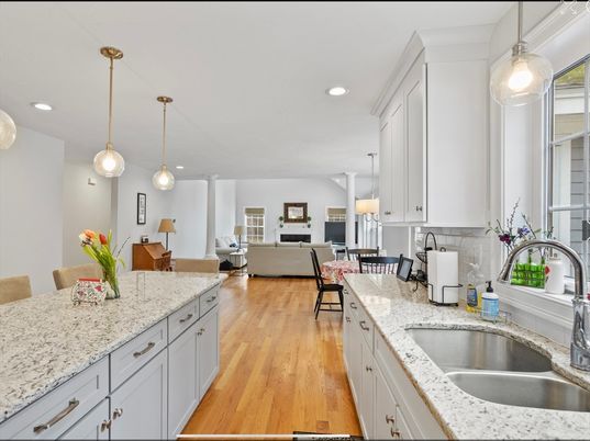 Dining room, Fireplace, Interior, Living room, Pendant Lights, Recessed Lighting, Wood Texture Flooring