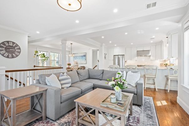 Dining room, Interior, Kitchen, Living room, Pendant Lights, Recessed Lighting, Stainless Steel Appliances, Wood Texture Flooring
