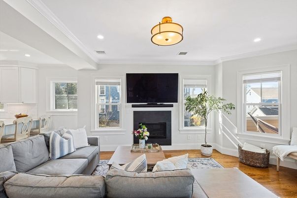 Fireplace, Interior, Living room, Recessed Lighting, Wood Texture Flooring