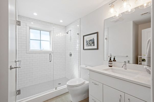 Bathroom, Glass Shower, Interior, Recessed Lighting, Wood Texture Flooring