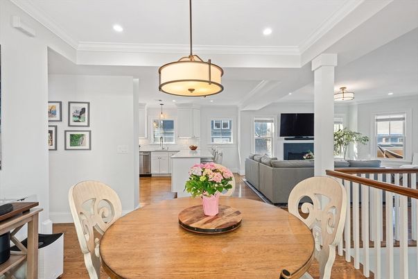 Dining room, Fireplace, Interior, Kitchen, Living room, Pendant Lights, Recessed Lighting, Wood Texture Flooring