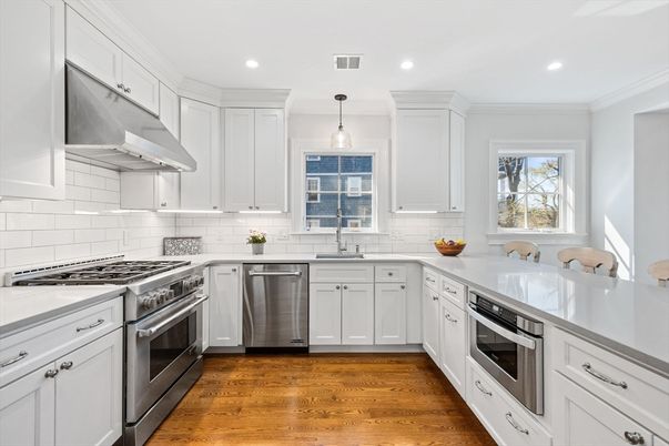Interior, Kitchen, Pendant Lights, Recessed Lighting, Stainless Steel Appliances, Wood Texture Flooring