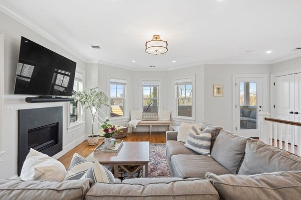 Fireplace, Interior, Living room, Recessed Lighting, Wood Texture Flooring