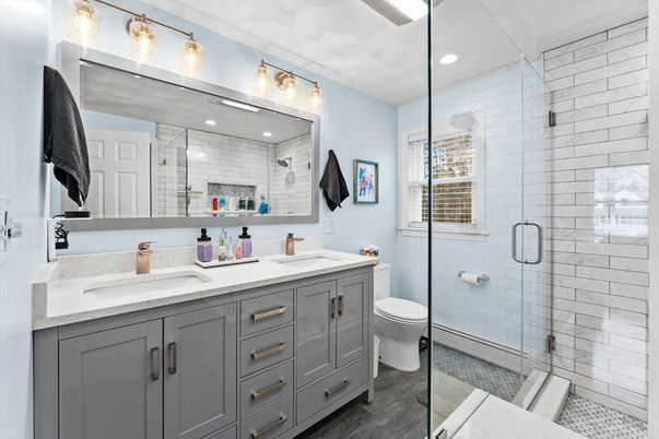 Bathroom, Dual Sink Vanities, Glass Shower, Interior, Recessed Lighting