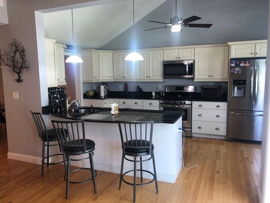 Interior, Kitchen, Pendant Lights, Stainless Steel Appliances, Wood Texture Flooring