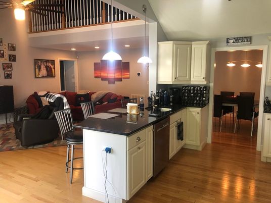 Dining room, Interior, Kitchen, Pendant Lights, Recessed Lighting, Wood Texture Flooring