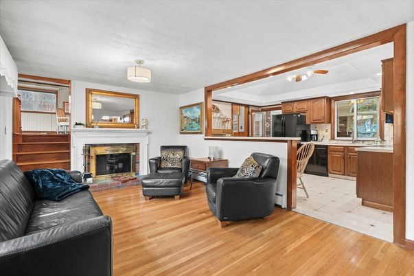 Fireplace, Interior, Kitchen, Living room, Wood Texture Flooring