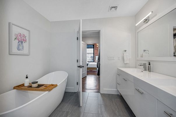 Bathroom, Dual Sink Vanities, Free Standing Baths, Interior, Wood Texture Flooring