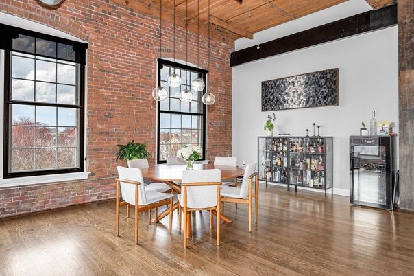 Dining room, Interior, Pendant Lights, Stone Walls, Wood Texture Flooring