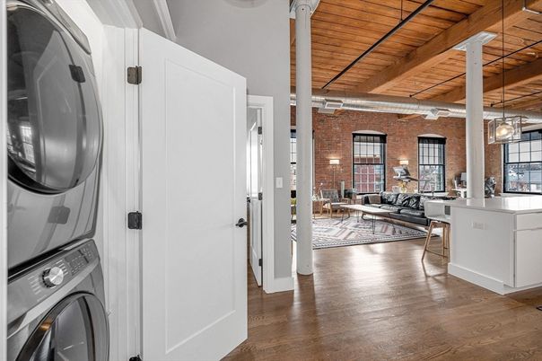 Interior, Kitchen, Living room, Pendant Lights, Stone Walls, Utility Closets, Washer, Wooden Beams, Wooden Ceilings, Wood Texture Flooring