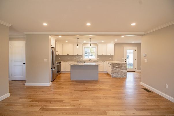 Interior, Kitchen, Pendant Lights, Recessed Lighting, Stainless Steel Appliances, Wood Texture Flooring
