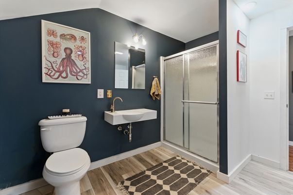 Bathroom, Glass Shower, Interior, Wood Texture Flooring