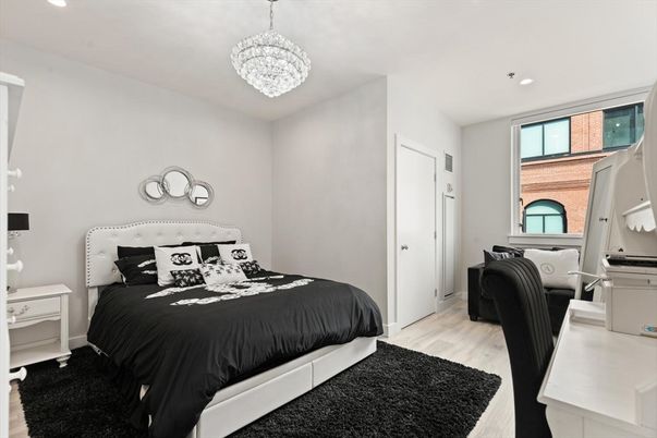 Bedroom, Chandelier, Interior, Recessed Lighting, Wood Texture Flooring