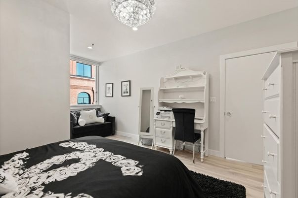 Bedroom, Chandelier, Home Office, Interior, Wood Texture Flooring