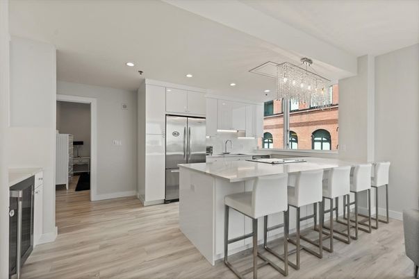 Chandelier, Interior, Kitchen, Recessed Lighting, Stainless Steel Appliances, Wood Texture Flooring