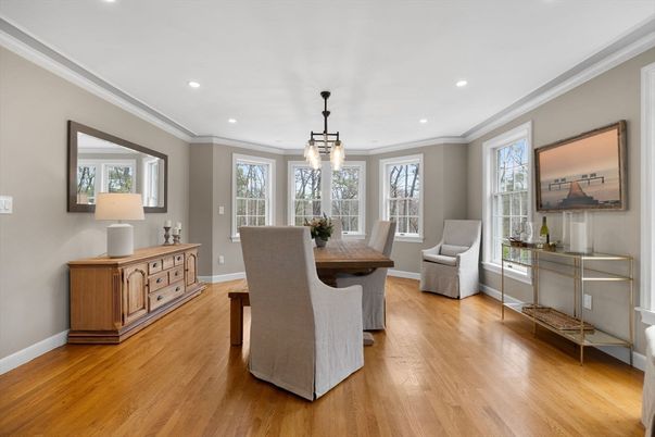 Dining room, Interior, Pendant Lights, Recessed Lighting, Wood Texture Flooring