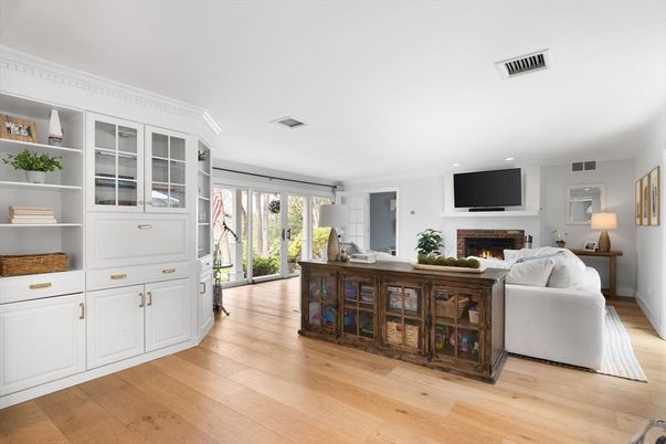 Fireplace, Interior, Living room, Recessed Lighting, Wood Texture Flooring