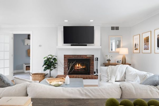 Fireplace, Interior, Living room, Recessed Lighting, Wood Texture Flooring