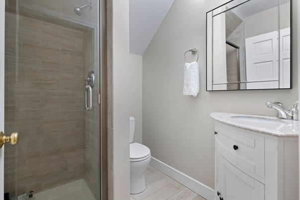 Bathroom, Glass Shower, Interior, Wood Texture Flooring