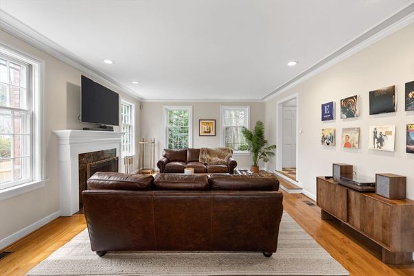 Fireplace, Interior, Living room, Recessed Lighting, Wood Texture Flooring