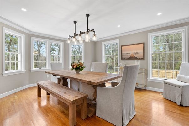Dining room, Interior, Pendant Lights, Recessed Lighting, Wood Texture Flooring