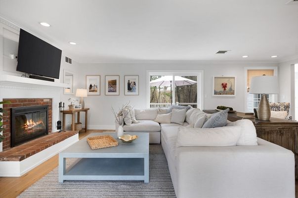 Fireplace, Interior, Living room, Recessed Lighting, Wood Texture Flooring