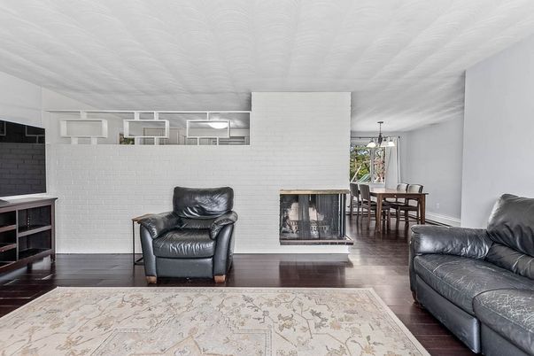 Dining room, Fireplace, Interior, Pendant Lights, Stone Walls, Wood Texture Flooring