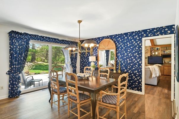 Dining room, Interior, Pendant Lights, Wood Texture Flooring