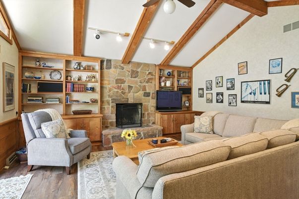 Fireplace, Interior, Living room, Stone Walls, Wooden Beams, Wood Texture Flooring