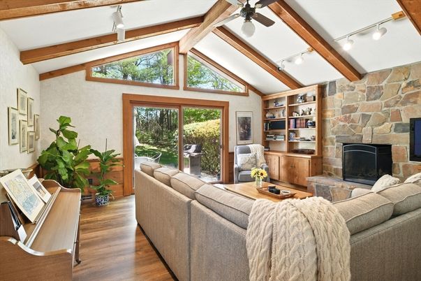 Fireplace, Interior, Living room, Stone Walls, Wooden Beams, Wood Texture Flooring