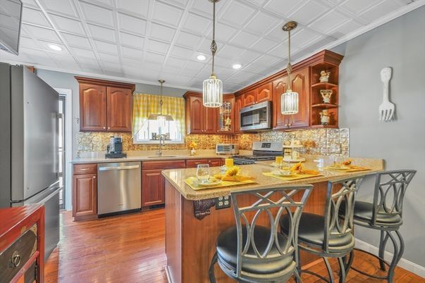 Interior, Kitchen, Pendant Lights, Recessed Lighting, Stainless Steel Appliances, Wood Texture Flooring
