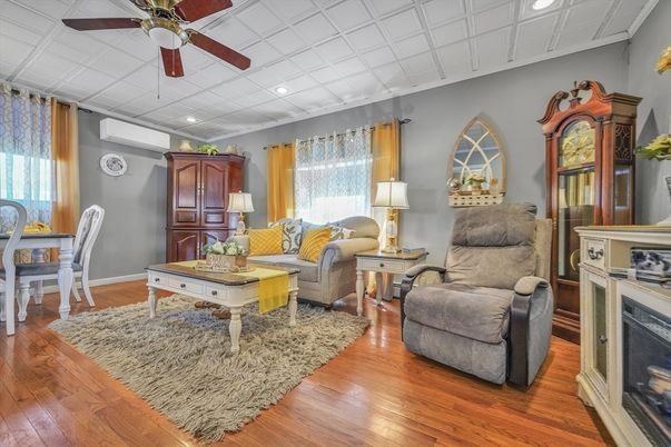 Fireplace, Interior, Living room, Recessed Lighting, Wood Texture Flooring