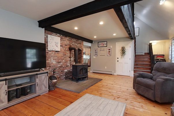 Fireplace, Interior, Recessed Lighting, Stone Walls, Wooden Beams, Wood Texture Flooring