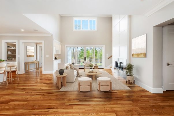 Dining room, Fireplace, Interior, Living room, Recessed Lighting, Wood Texture Flooring
