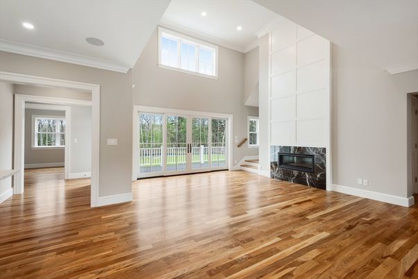Empty room, Fireplace, Interior, Recessed Lighting, Wood Texture Flooring