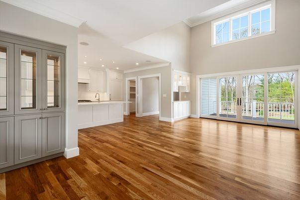 Empty room, Interior, Kitchen, Recessed Lighting, Wood Texture Flooring