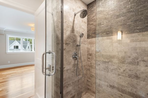 Bathroom, Glass Shower, Interior, Wood Texture Flooring