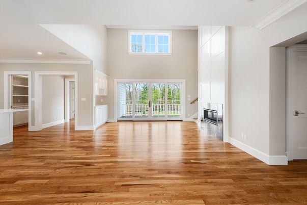 Empty room, Fireplace, Interior, Recessed Lighting, Wood Texture Flooring