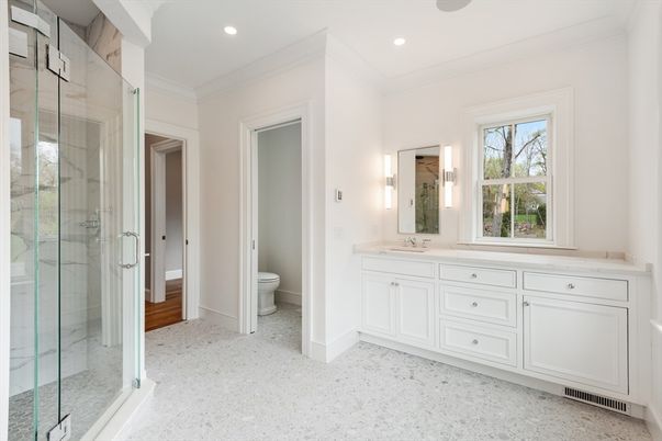 Bathroom, Dual Sink Vanities, Glass Shower, Interior, Recessed Lighting