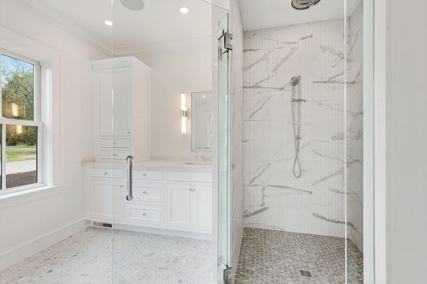 Bathroom, Glass Shower, Interior, Marble Walls, Recessed Lighting