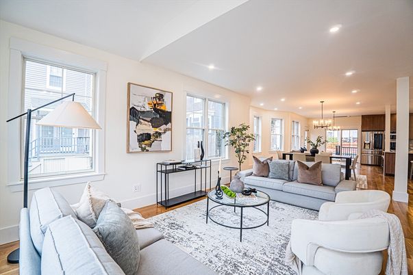 Chandelier, Dining room, Interior, Kitchen, Living room, Pendant Lights, Recessed Lighting, Stainless Steel Appliances, Wood Texture Flooring